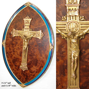 Antique French Napoleon III 9.75" Icon, Gilt Bronze & Enamel Framed Plaque, Burled Wood & Cross with Christ Figure