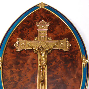 Antique French Napoleon III 9.75" Icon, Gilt Bronze & Enamel Framed Plaque, Burled Wood & Cross with Christ Figure