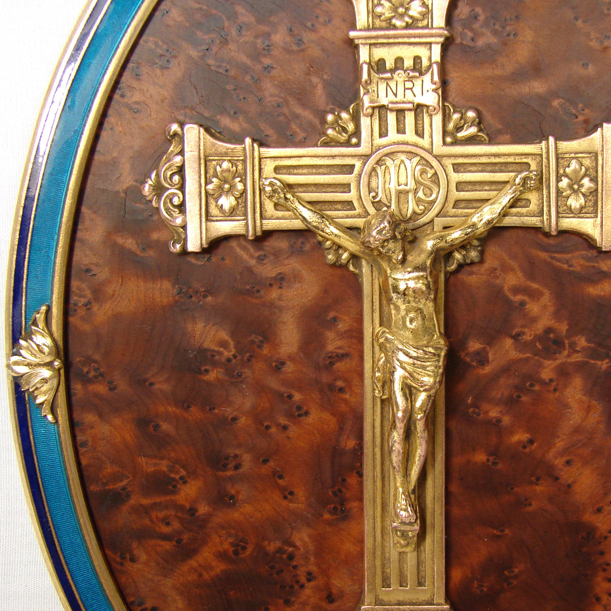 Antique French Napoleon III 9.75" Icon, Gilt Bronze & Enamel Framed Plaque, Burled Wood & Cross with Christ Figure