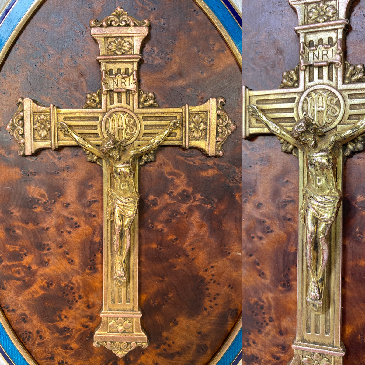 Antique French Napoleon III 9.75" Icon, Gilt Bronze & Enamel Framed Plaque, Burled Wood & Cross with Christ Figure