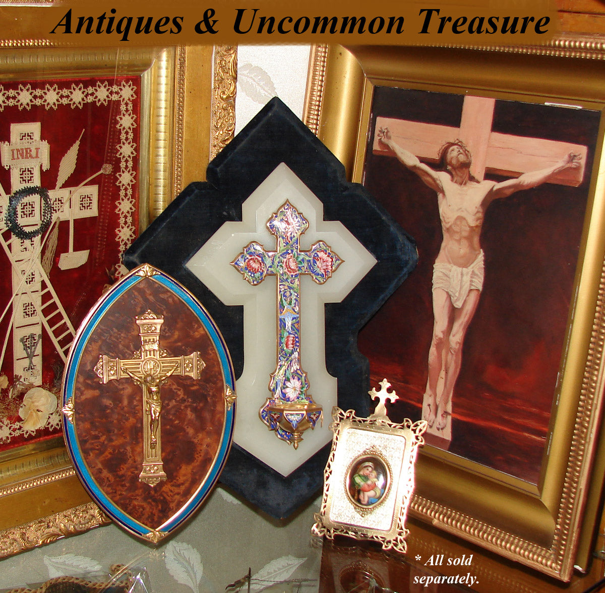 Antique French Napoleon III 9.75" Icon, Gilt Bronze & Enamel Framed Plaque, Burled Wood & Cross with Christ Figure