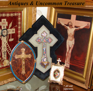 Antique French Napoleon III 9.75" Icon, Gilt Bronze & Enamel Framed Plaque, Burled Wood & Cross with Christ Figure