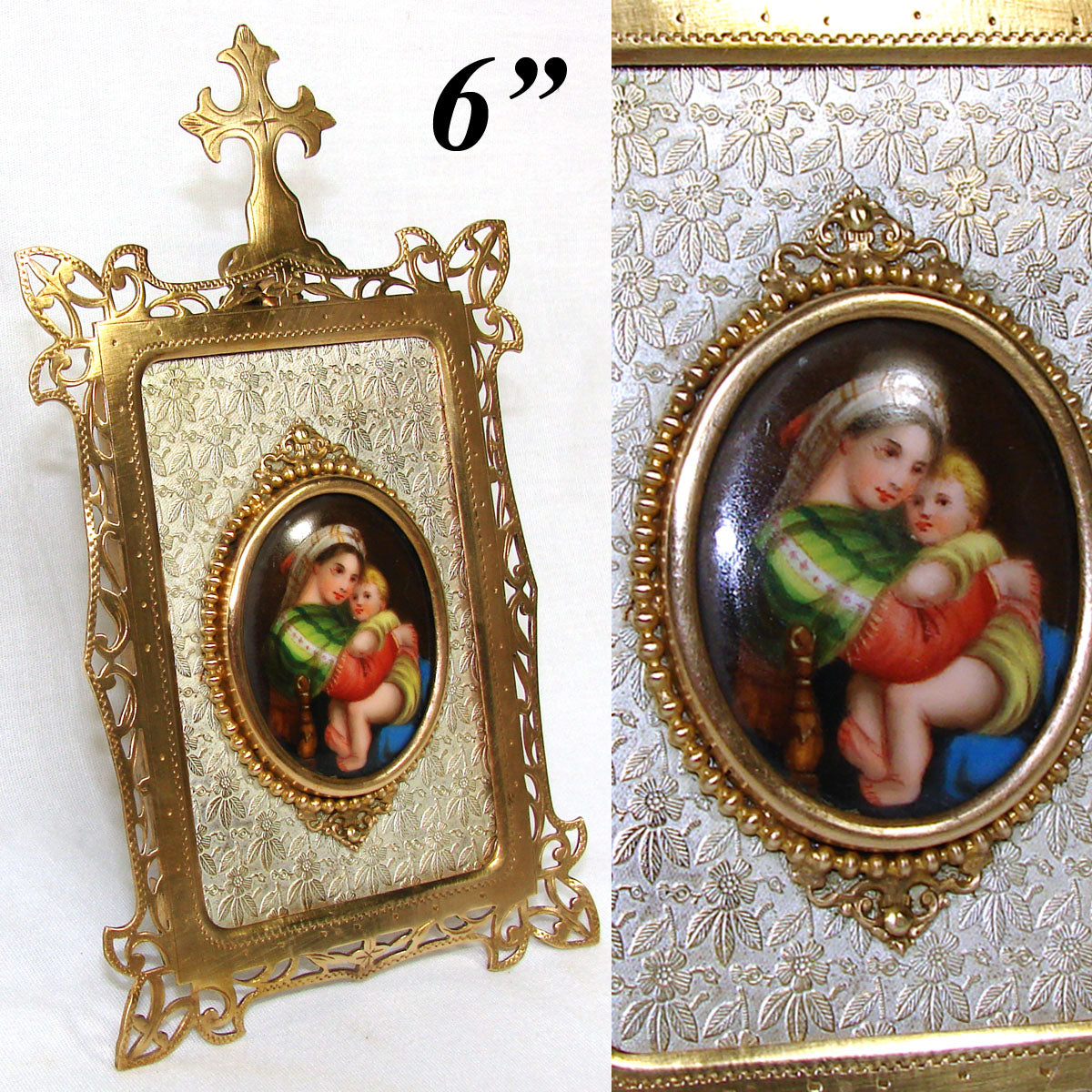 Antique French Napoleon III Religious Icon, Bronze Frame, Painting on Porcelain of Raphael's Madonna of the Chair