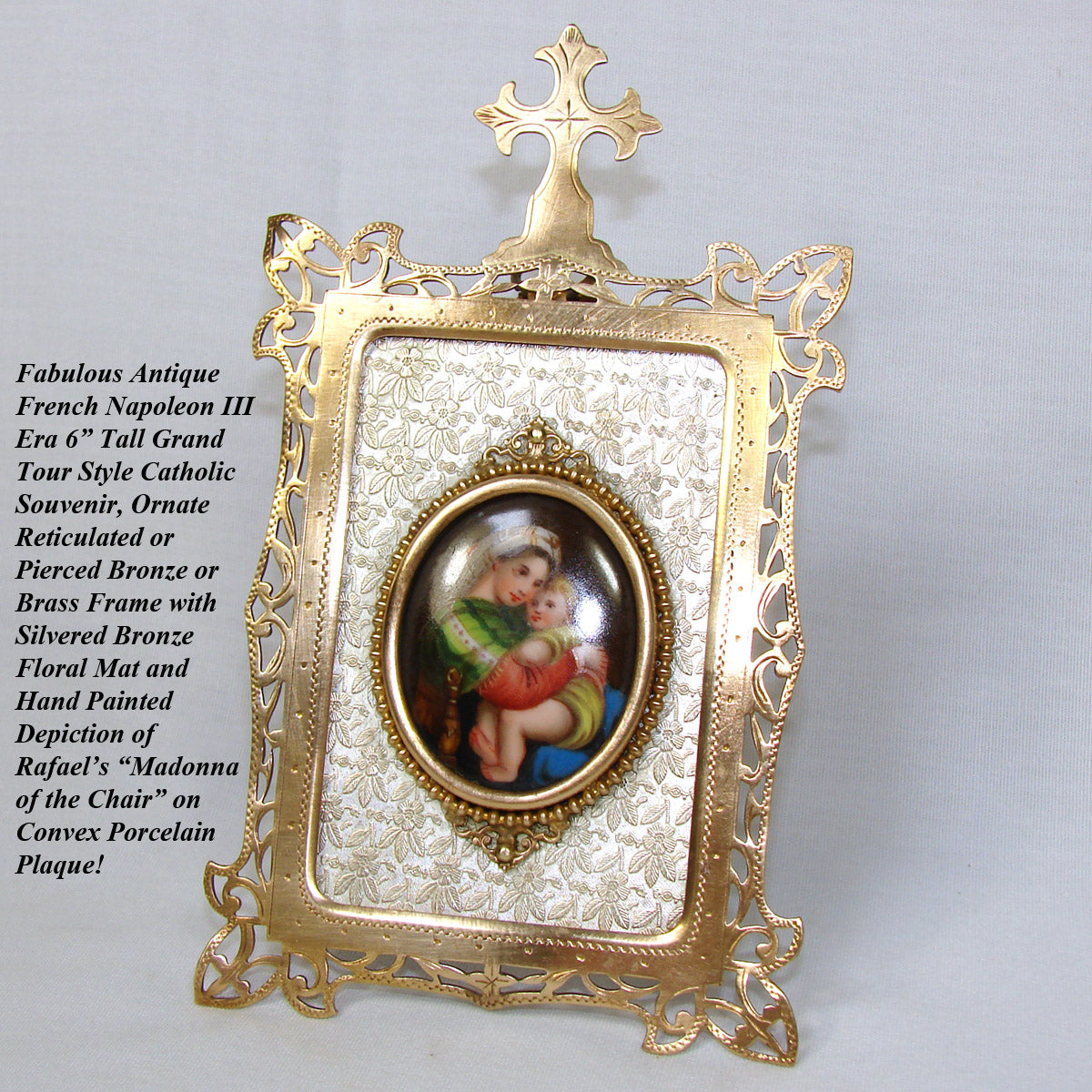 Antique French Napoleon III Religious Icon, Bronze Frame, Painting on Porcelain of Raphael's Madonna of the Chair