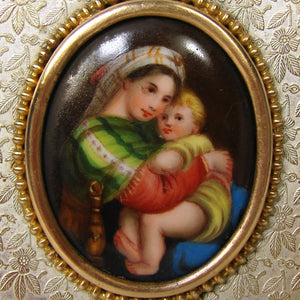 Antique French Napoleon III Religious Icon, Bronze Frame, Painting on Porcelain of Raphael's Madonna of the Chair