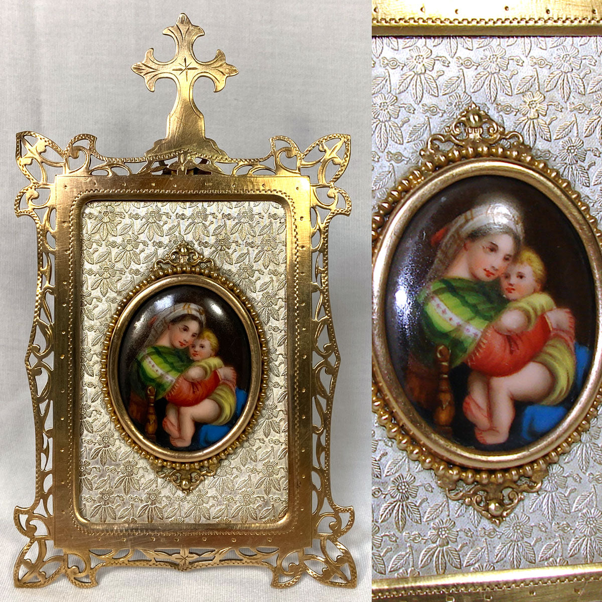 Antique French Napoleon III Religious Icon, Bronze Frame, Painting on Porcelain of Raphael's Madonna of the Chair