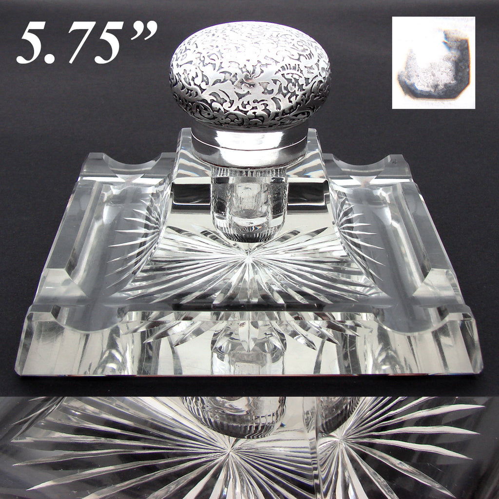 Rare HUGE Antique French Sterling Silver & Baccarat Cut Crystal 5.75" Inkwell, Ink Stand