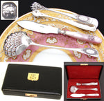 Antique French Sterling Silver 3pc "Service a Fraises", Strawberry or Fruit Serving Set: Tongs, Sifter & Pearl Knife