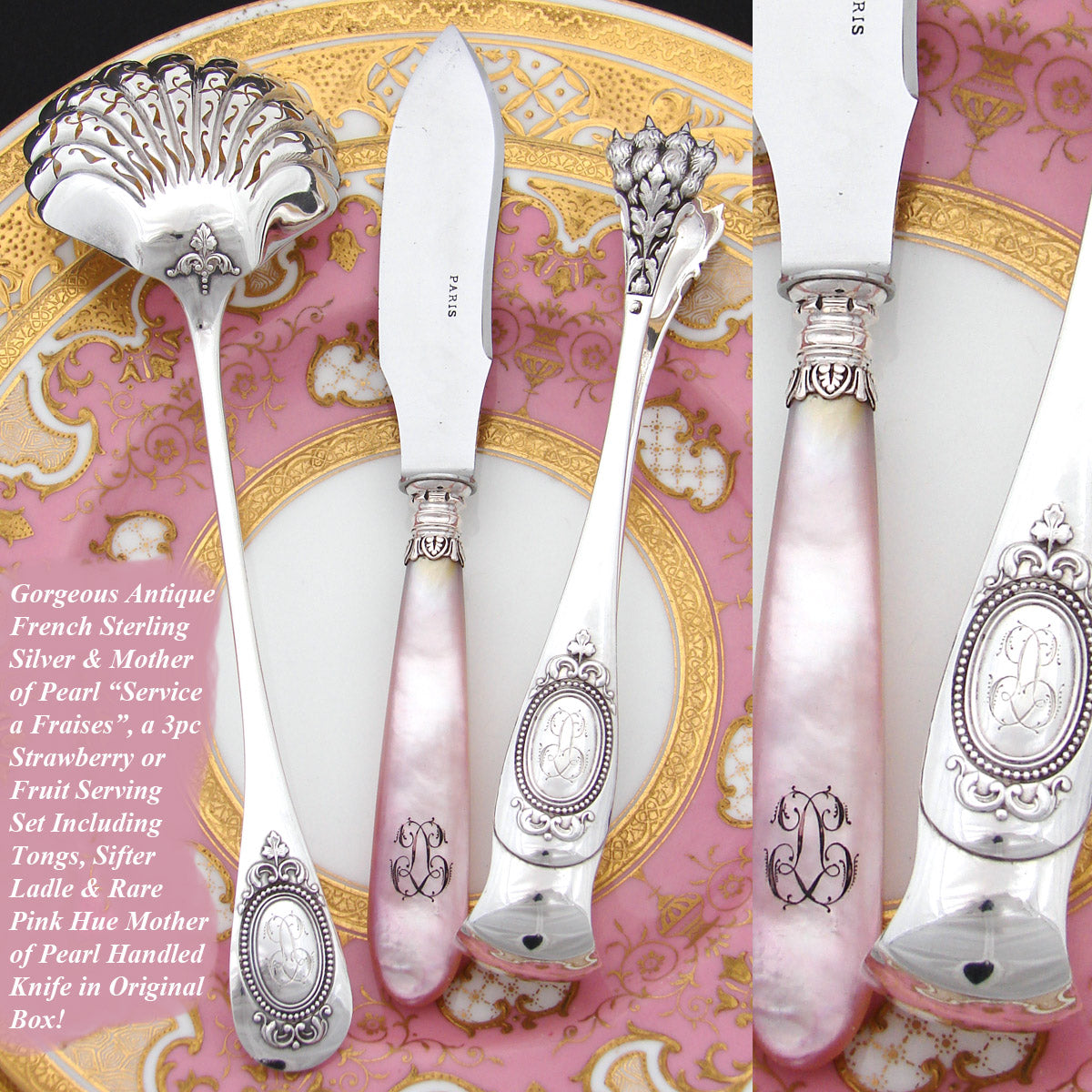 Antique French Sterling Silver 3pc "Service a Fraises", Strawberry or Fruit Serving Set: Tongs, Sifter & Pearl Knife