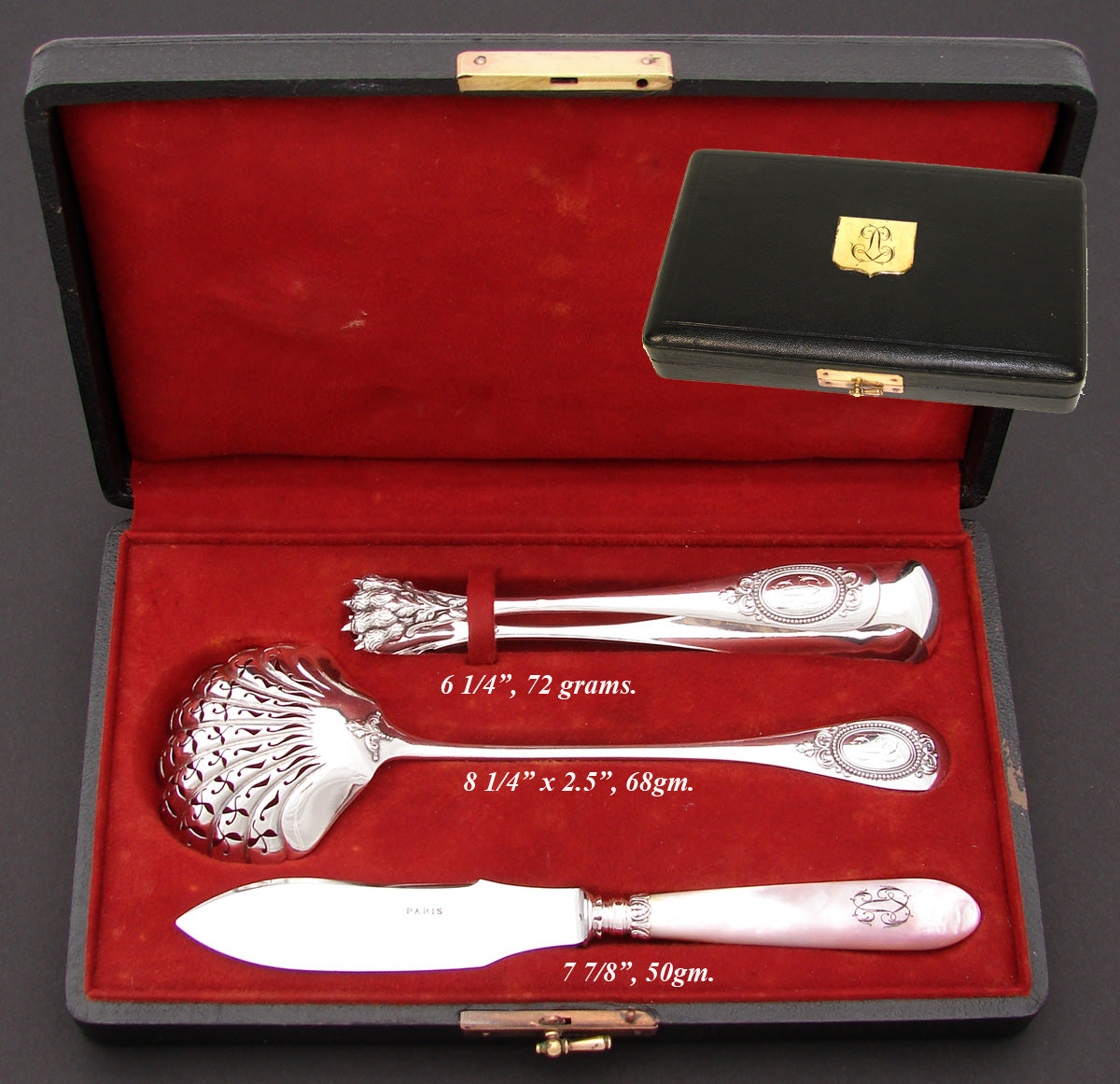 Antique French Sterling Silver 3pc "Service a Fraises", Strawberry or Fruit Serving Set: Tongs, Sifter & Pearl Knife