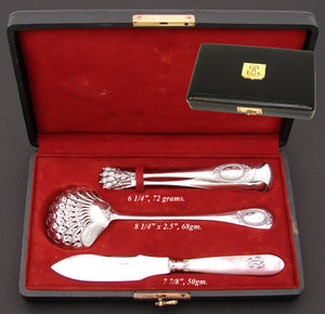 Antique French Sterling Silver 3pc "Service a Fraises", Strawberry or Fruit Serving Set: Tongs, Sifter & Pearl Knife