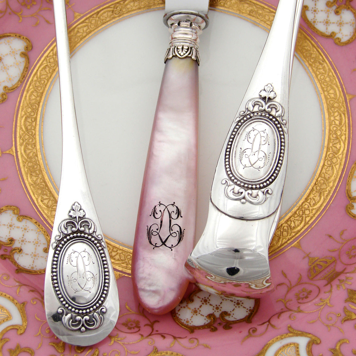 Antique French Sterling Silver 3pc "Service a Fraises", Strawberry or Fruit Serving Set: Tongs, Sifter & Pearl Knife