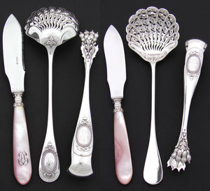 Antique French Sterling Silver 3pc "Service a Fraises", Strawberry or Fruit Serving Set: Tongs, Sifter & Pearl Knife