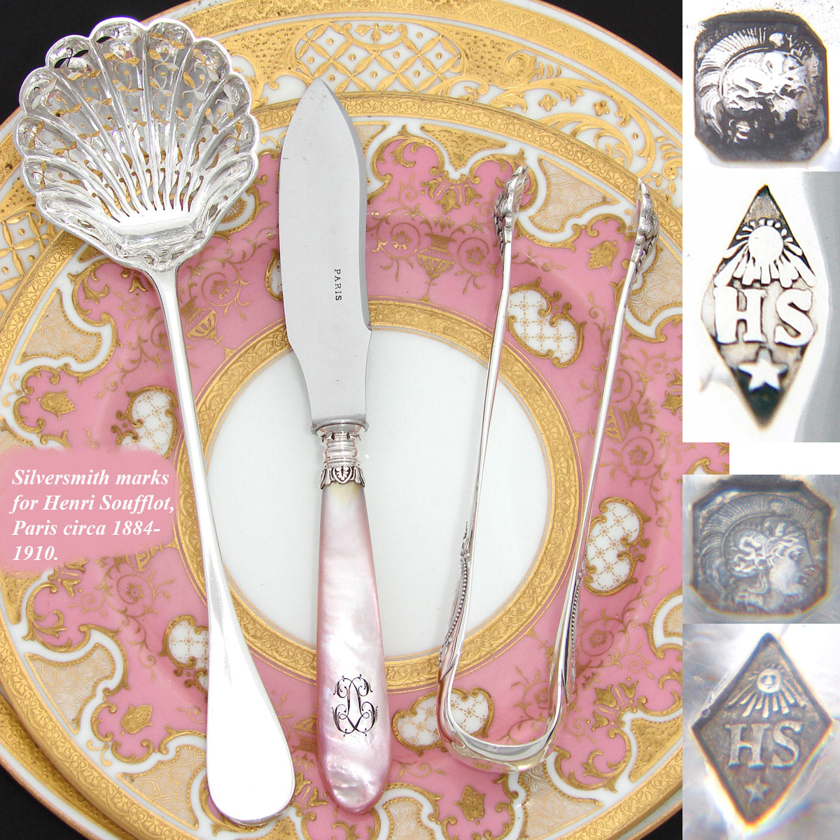 Antique French Sterling Silver 3pc "Service a Fraises", Strawberry or Fruit Serving Set: Tongs, Sifter & Pearl Knife