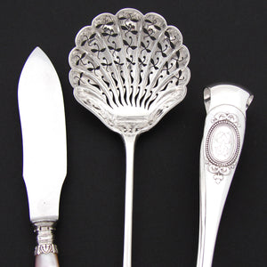 Antique French Sterling Silver 3pc "Service a Fraises", Strawberry or Fruit Serving Set: Tongs, Sifter & Pearl Knife