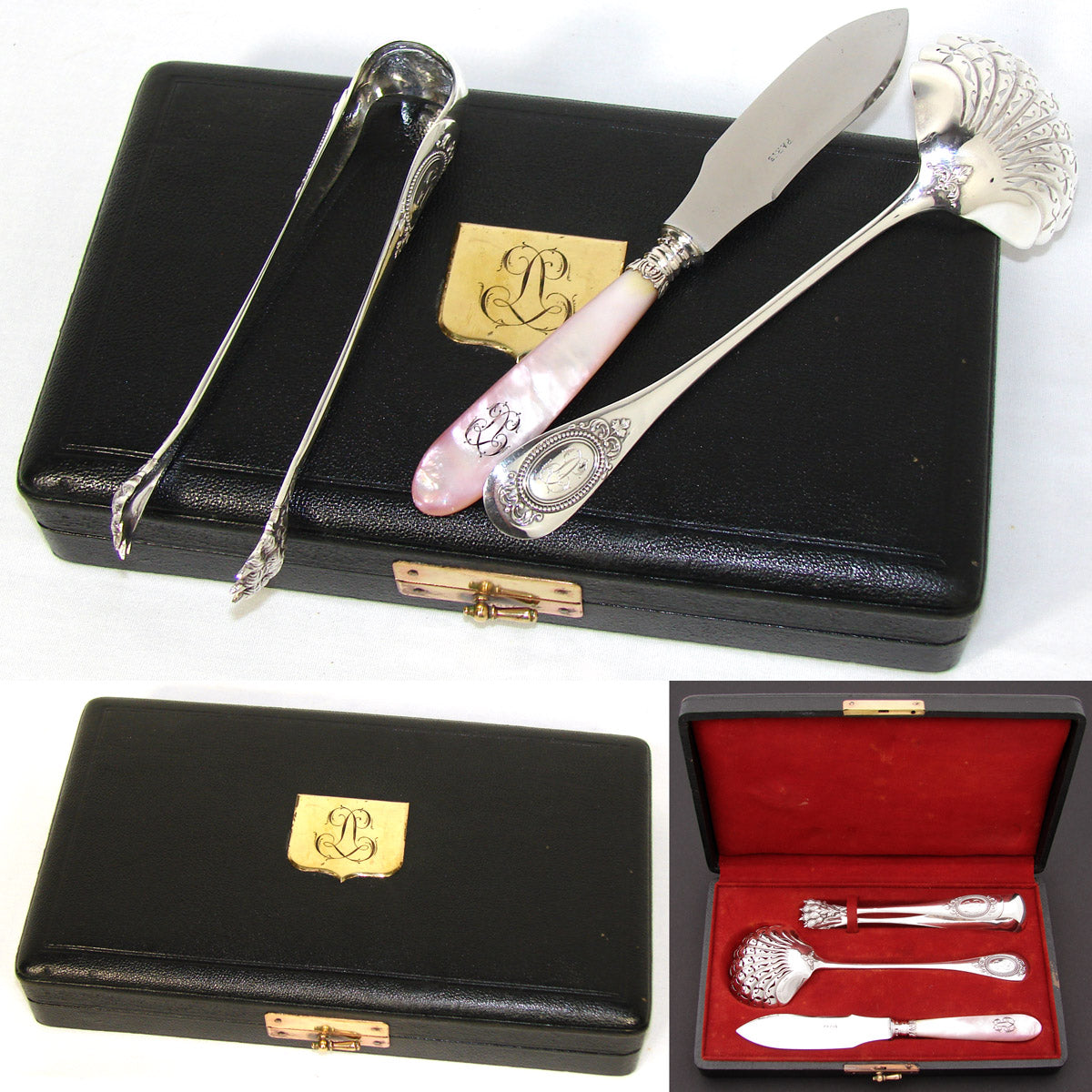 Antique French Sterling Silver 3pc "Service a Fraises", Strawberry or Fruit Serving Set: Tongs, Sifter & Pearl Knife