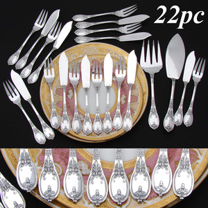 Elegant Antique French SP 22pc Fish or Dessert Fork, Knife & Serving Set, Aesthetic Style