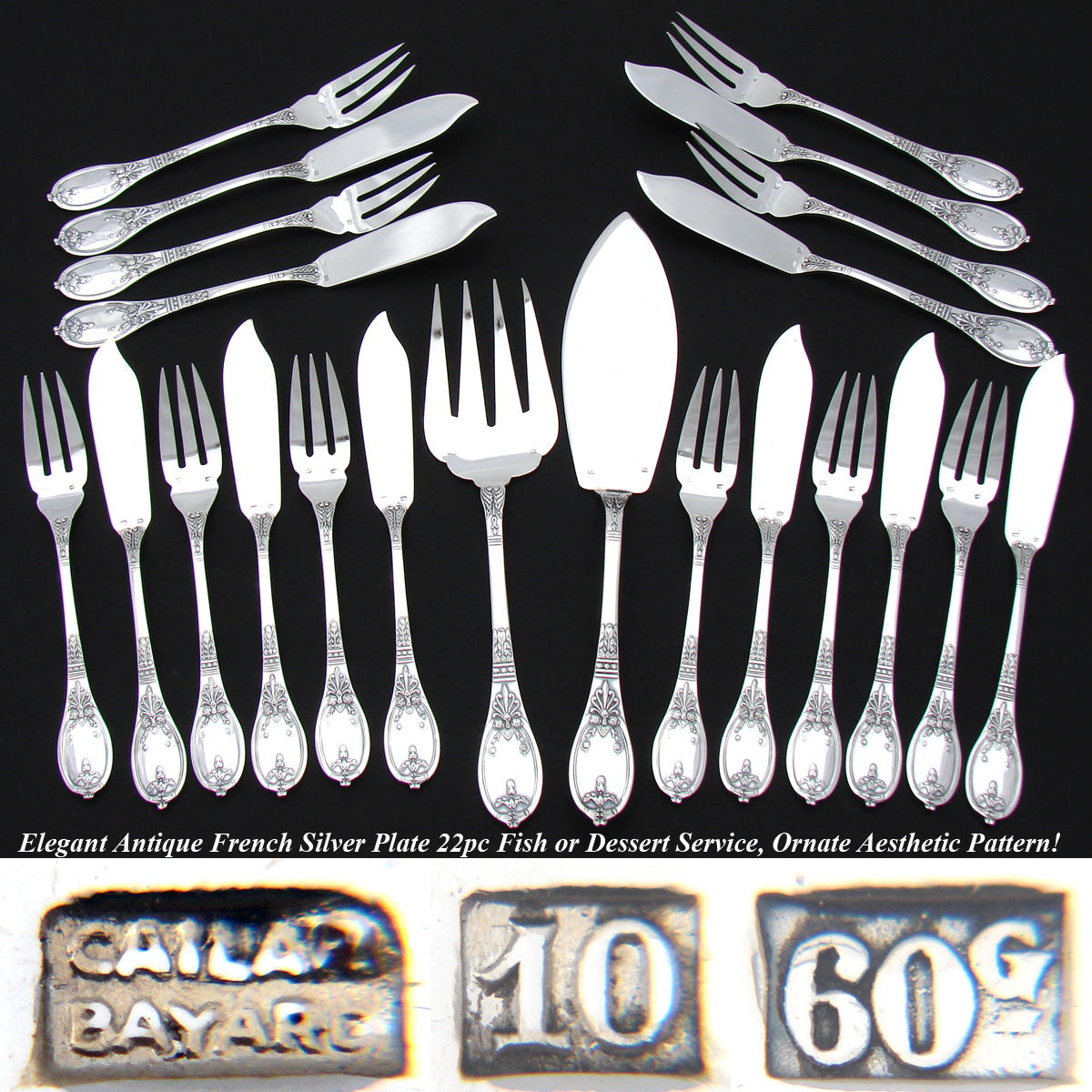 Elegant Antique French SP 22pc Fish or Dessert Fork, Knife & Serving Set, Aesthetic Style