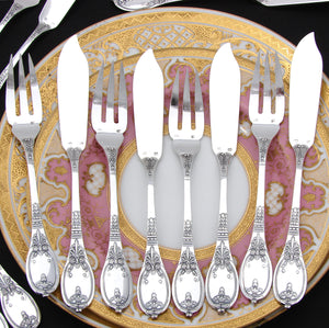 Elegant Antique French SP 22pc Fish or Dessert Fork, Knife & Serving Set, Aesthetic Style