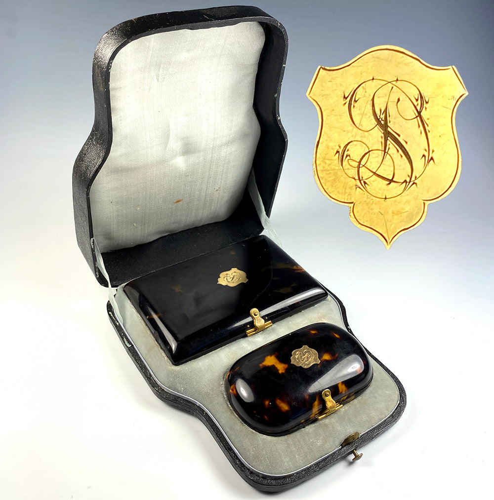 Antique Napoleon III (1850-70) French Necessaire, Tortoise Shell Card Case and Coin Purse, "SD"