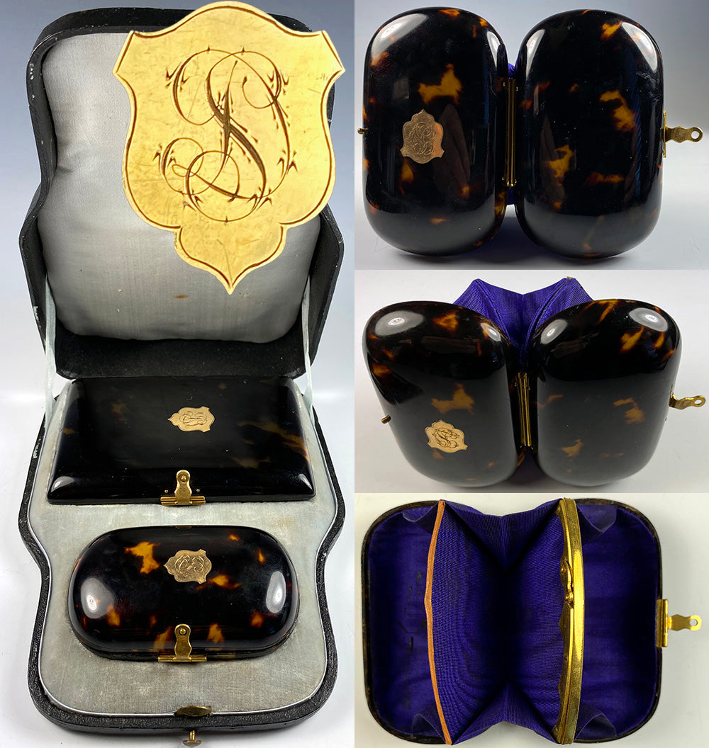 Antique Napoleon III (1850-70) French Necessaire, Tortoise Shell Card Case and Coin Purse, "SD"