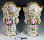 HUGE Pair French Old Paris Porcelain Vases 13" Tall, Church Alter Vase Set, 19th c.