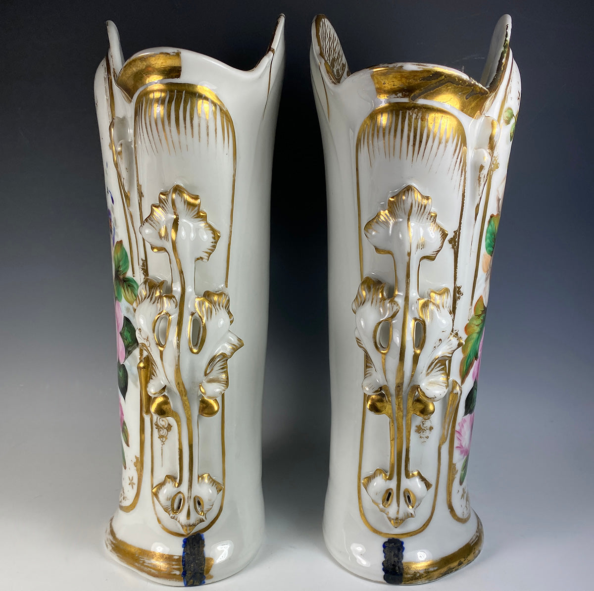 HUGE Pair French Old Paris Porcelain Vases 13" Tall, Church Alter Vase Set, 19th c.