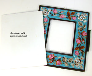 Lovely Antique Victorian Beadwork Picture Frame or Note Pad with Milk Glass Insert