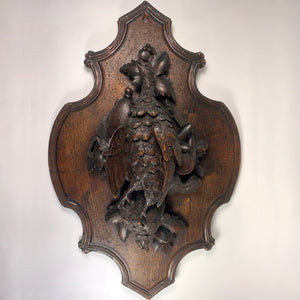 Superb Pair (2) 19th C. Swiss Black Forest Carved Plaques, Game Birds Nature Morte, Still Life