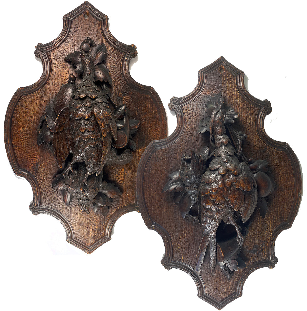 Superb Pair (2) 19th C. Swiss Black Forest Carved Plaques, Game Birds Nature Morte, Still Life