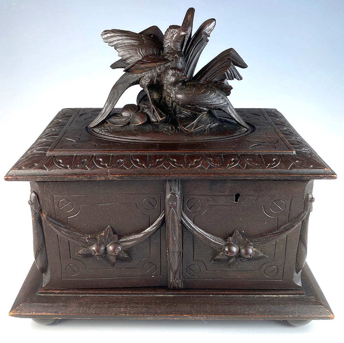 19th Century Swiss Black Forest Hand Carved Cigar Chest, Box, Cabinet Holds 50 Cigars