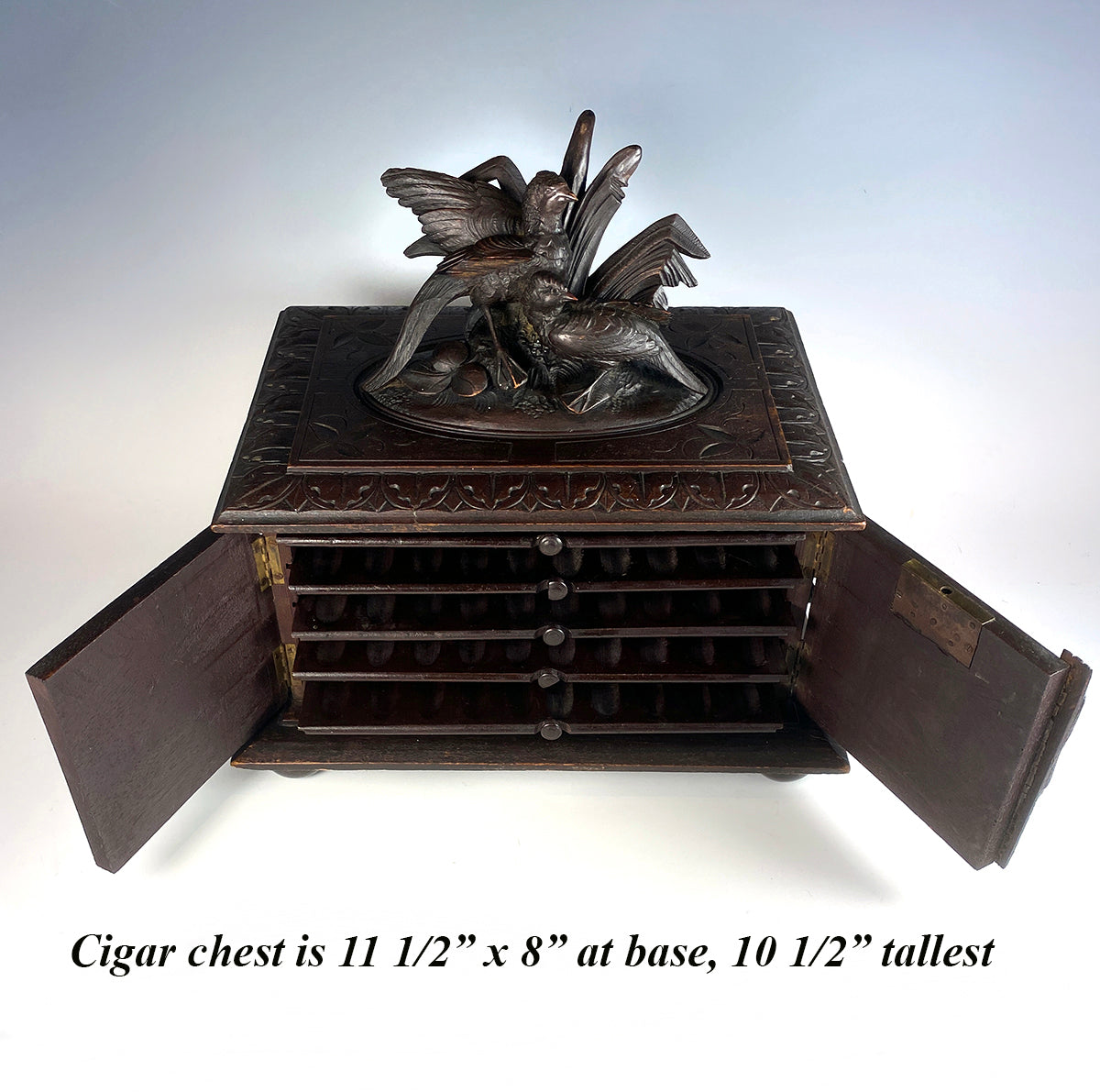 19th Century Swiss Black Forest Hand Carved Cigar Chest, Box, Cabinet Holds 50 Cigars