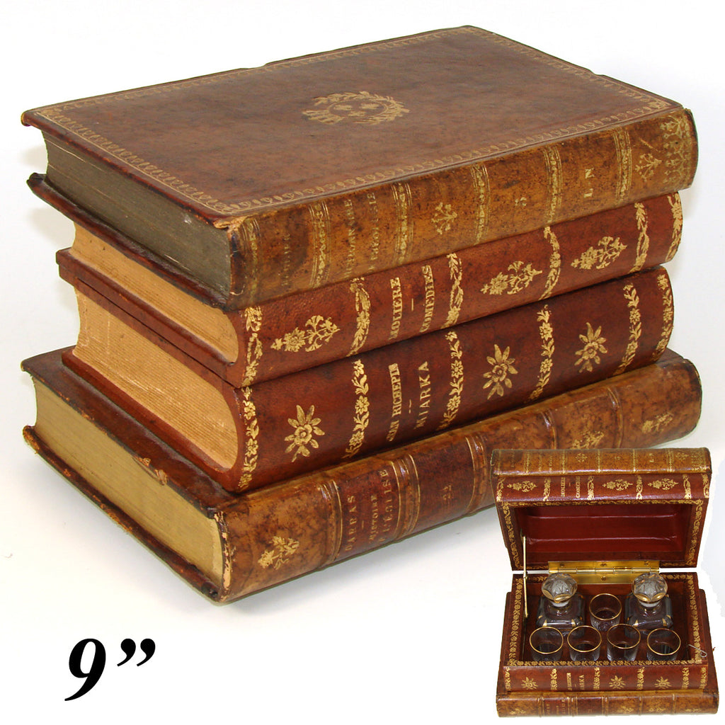 Vintage French "Leather Bound Books" Musical Hidden Bar, Tantalus, Caddy, 2 Decanters & 5 Cups