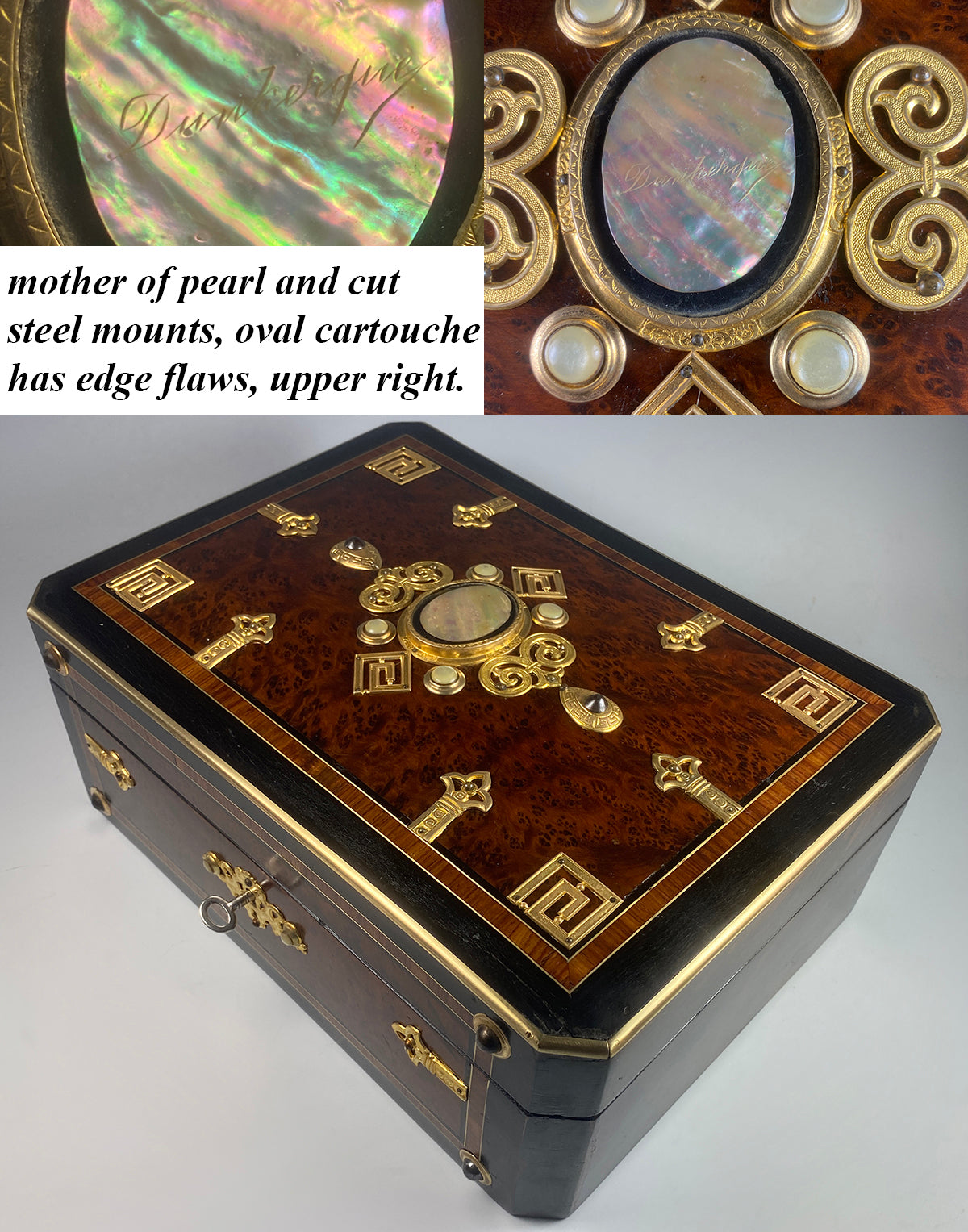 Opulent Large 12" Jewelry or Desk Box, French Napoleon III Era Chest, Mother of Pearl