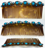 Antique French Tiara 4.5" Hair Comb, Ornament, Napoleon III Blue Opaline Cabochons