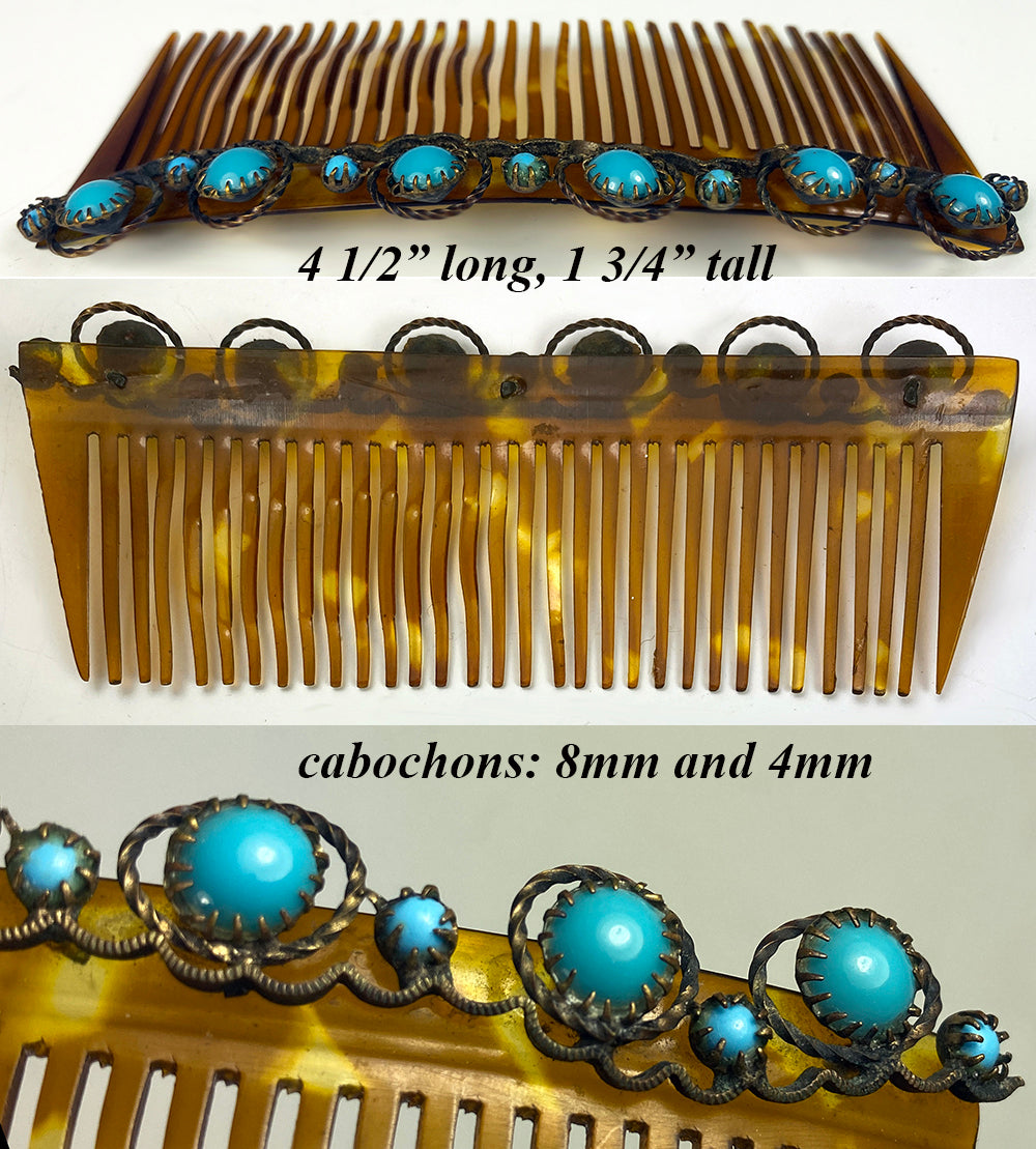 Antique French Tiara 4.5" Hair Comb, Ornament, Napoleon III Blue Opaline Cabochons