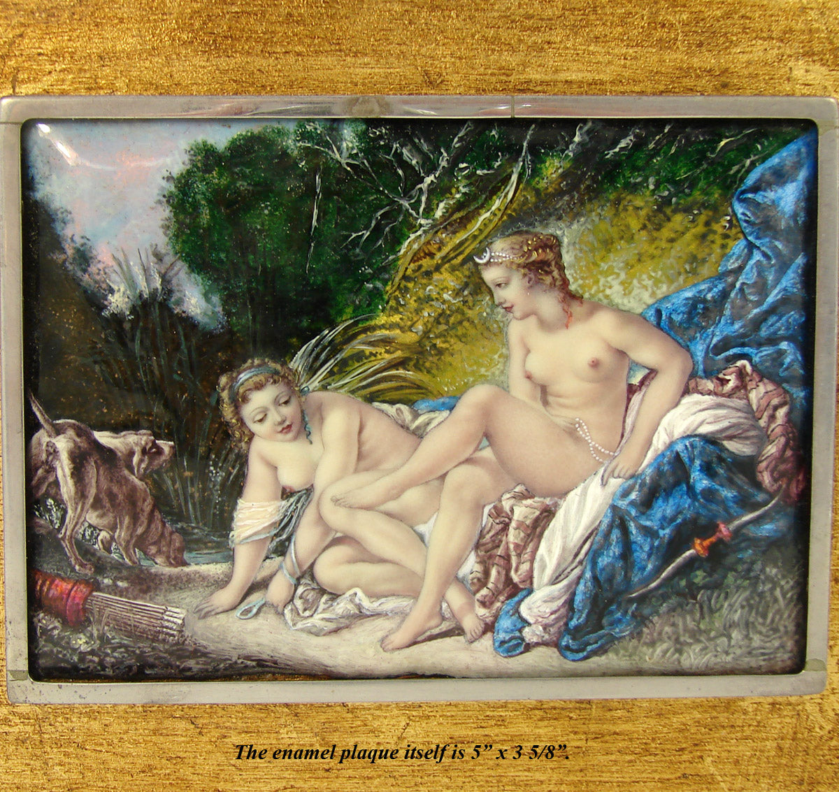 Antique to Vint. Kiln-fired Limoges Style Enamel Miniature Painting, after Boucher "Diana Leaving Her Bath"