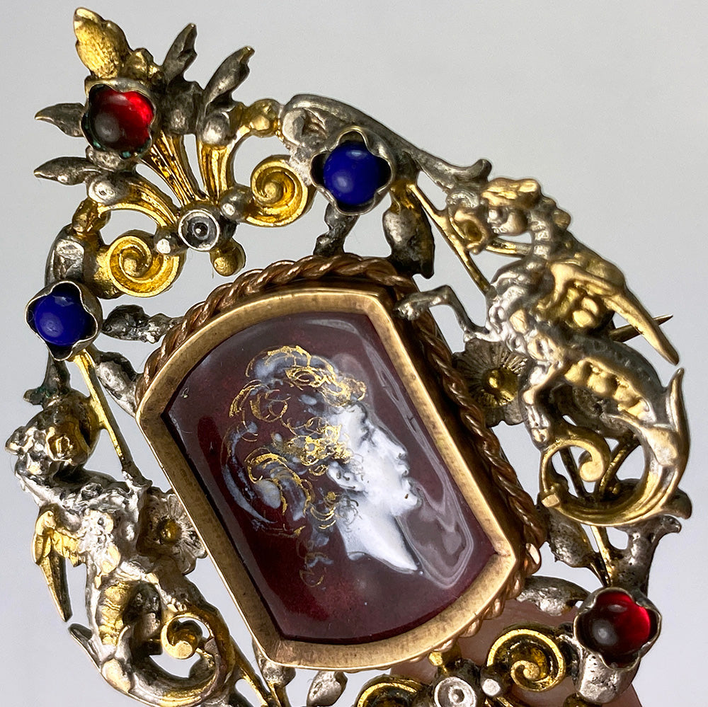 Antique French Kiln-fired Enamel Portrait Miniature, 18k Gold on Silver Jeweled Frame Brooch