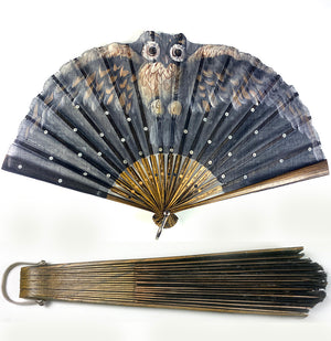 Antique Hand Painted Hand Fan is an Owl, Sequins on Mesh Fabric, EC, 17.5 cm Guards