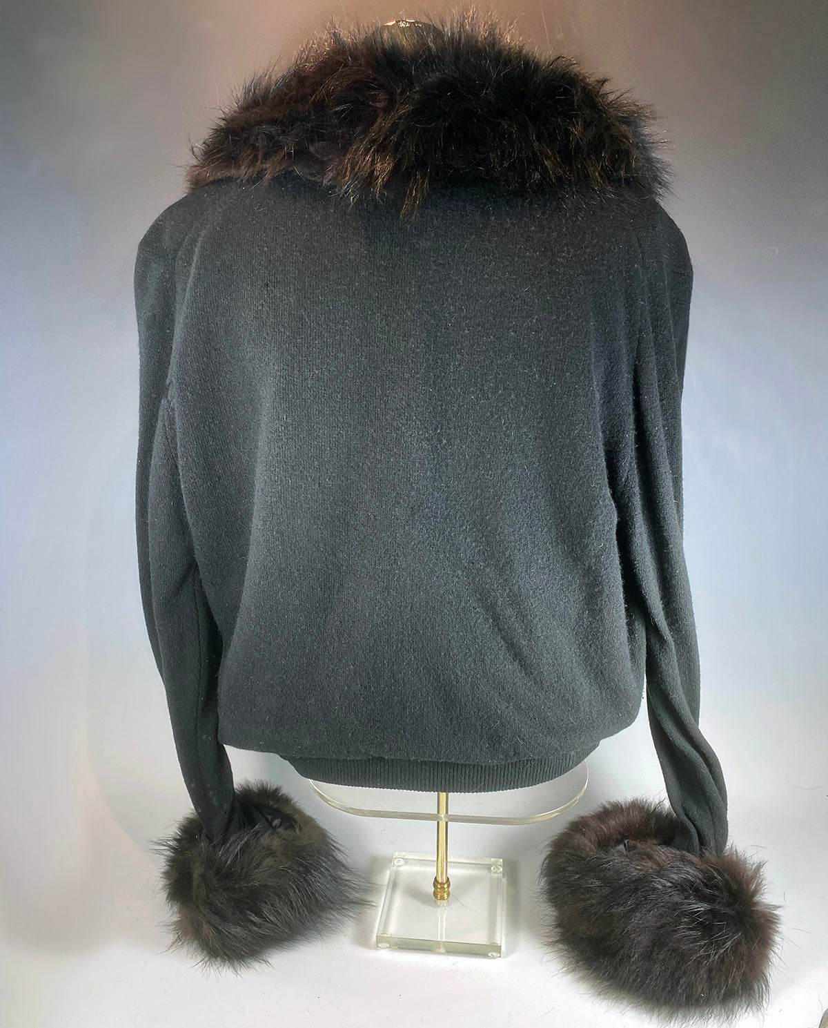 Fine Vintage 1950s Russian Wolf Fur Collar and Cuffs, Cashmere Cardigan Sweater