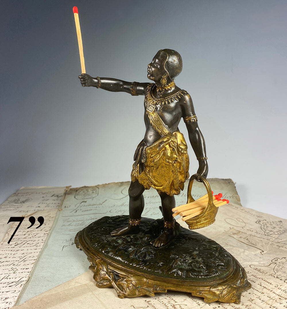 Antique French Empire Bronze Blackamoor Match Caddy, Holder, Striker, 7" Nubian Sculpture