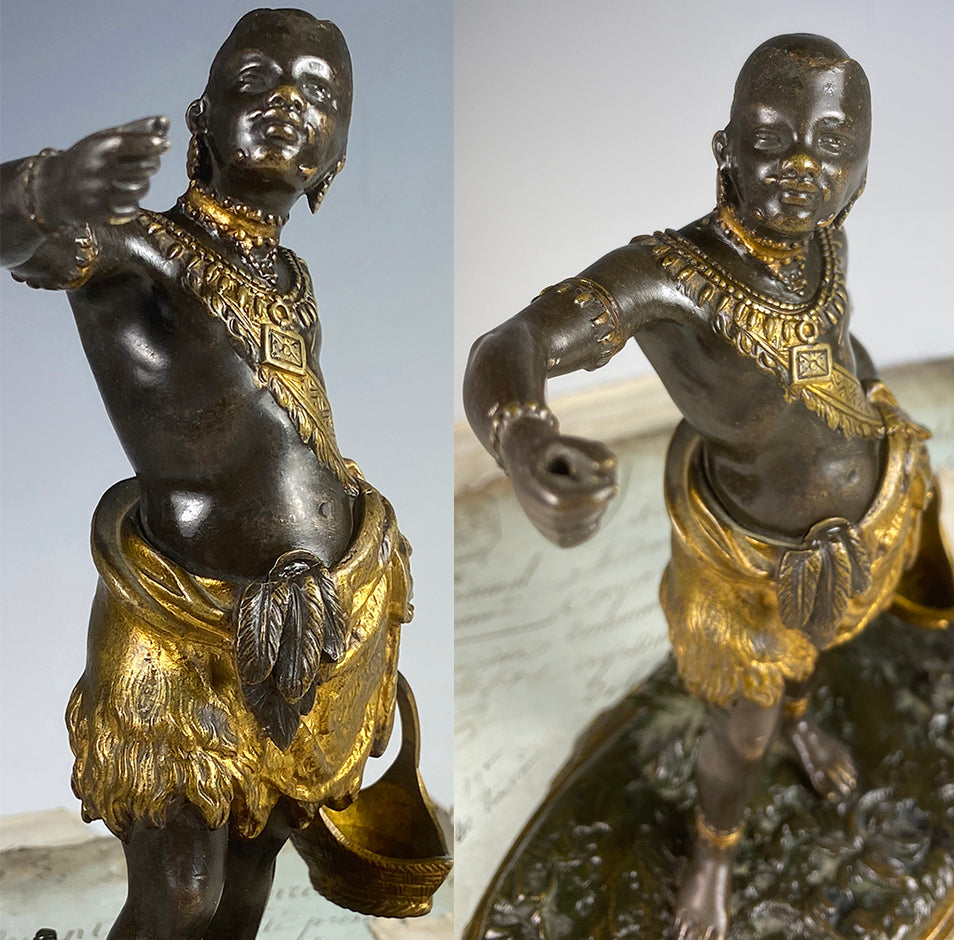 Antique French Empire Bronze Blackamoor Match Caddy, Holder, Striker, 7" Nubian Sculpture