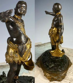 Antique French Empire Bronze Blackamoor Match Caddy, Holder, Striker, 7" Nubian Sculpture