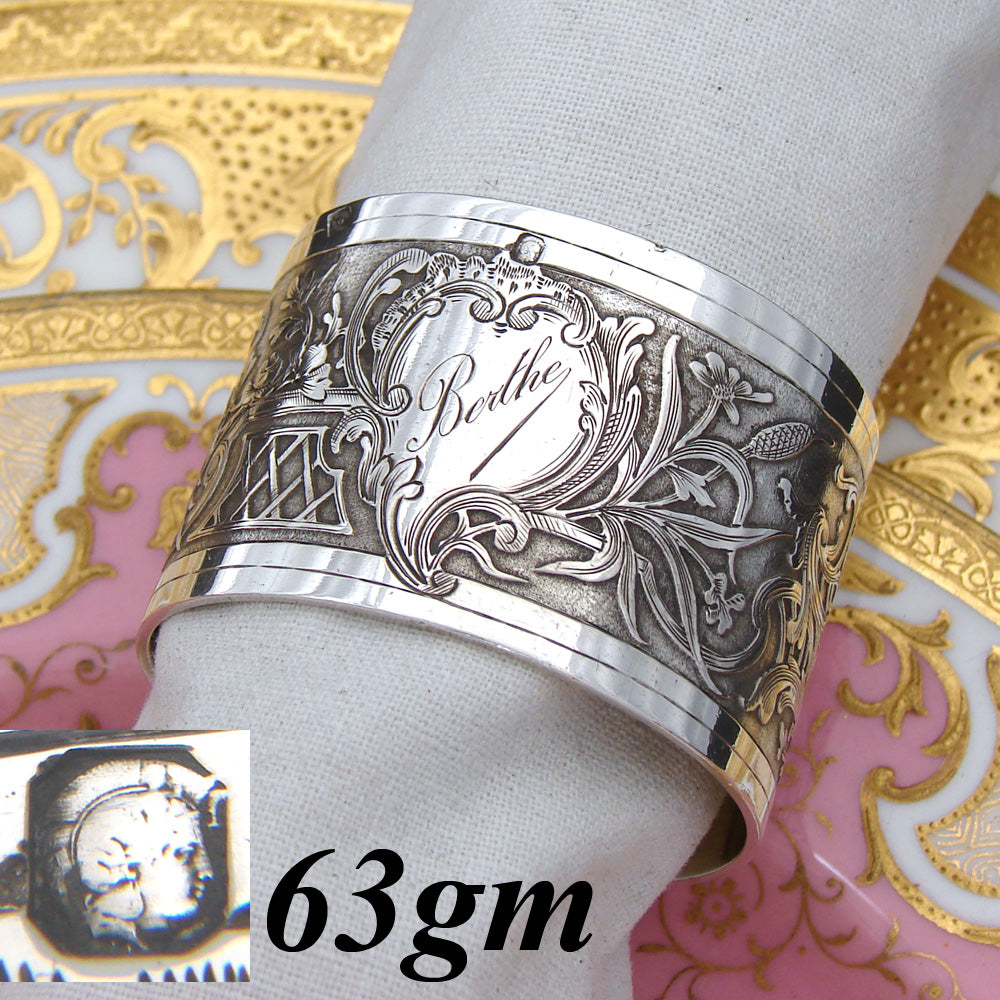 Antique French Sterling Silver 2" Napkin Ring, Ornate Foliate, "Berthe" Inscription