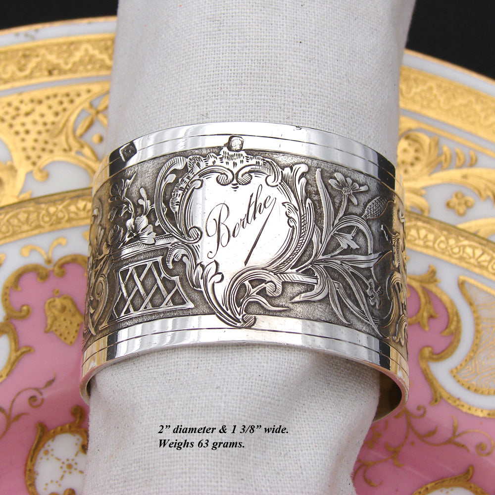 Antique French Sterling Silver 2" Napkin Ring, Ornate Foliate, "Berthe" Inscription