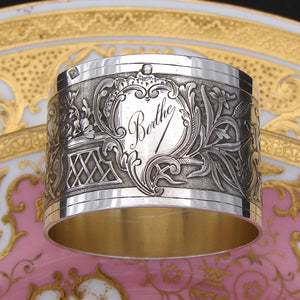 Antique French Sterling Silver 2" Napkin Ring, Ornate Foliate, "Berthe" Inscription