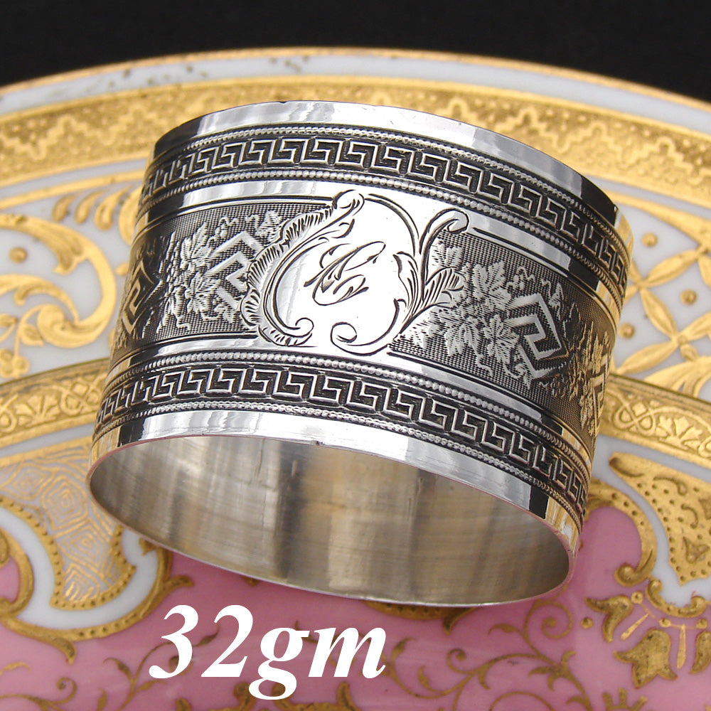 Antique French (?) Sterling Silver 2" Napkin Ring, Ornate Pattern, "C” Monogram