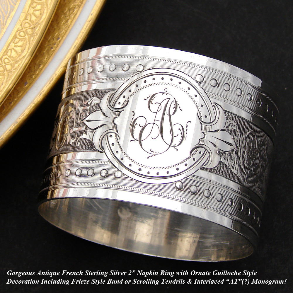 Antique French Sterling Silver 2" Napkin Ring, Ornate Scrolling Foliage, "AT” Monogram