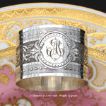 Antique French Sterling Silver 2" Napkin Ring, Ornate Scrolling Foliage, "AT” Monogram