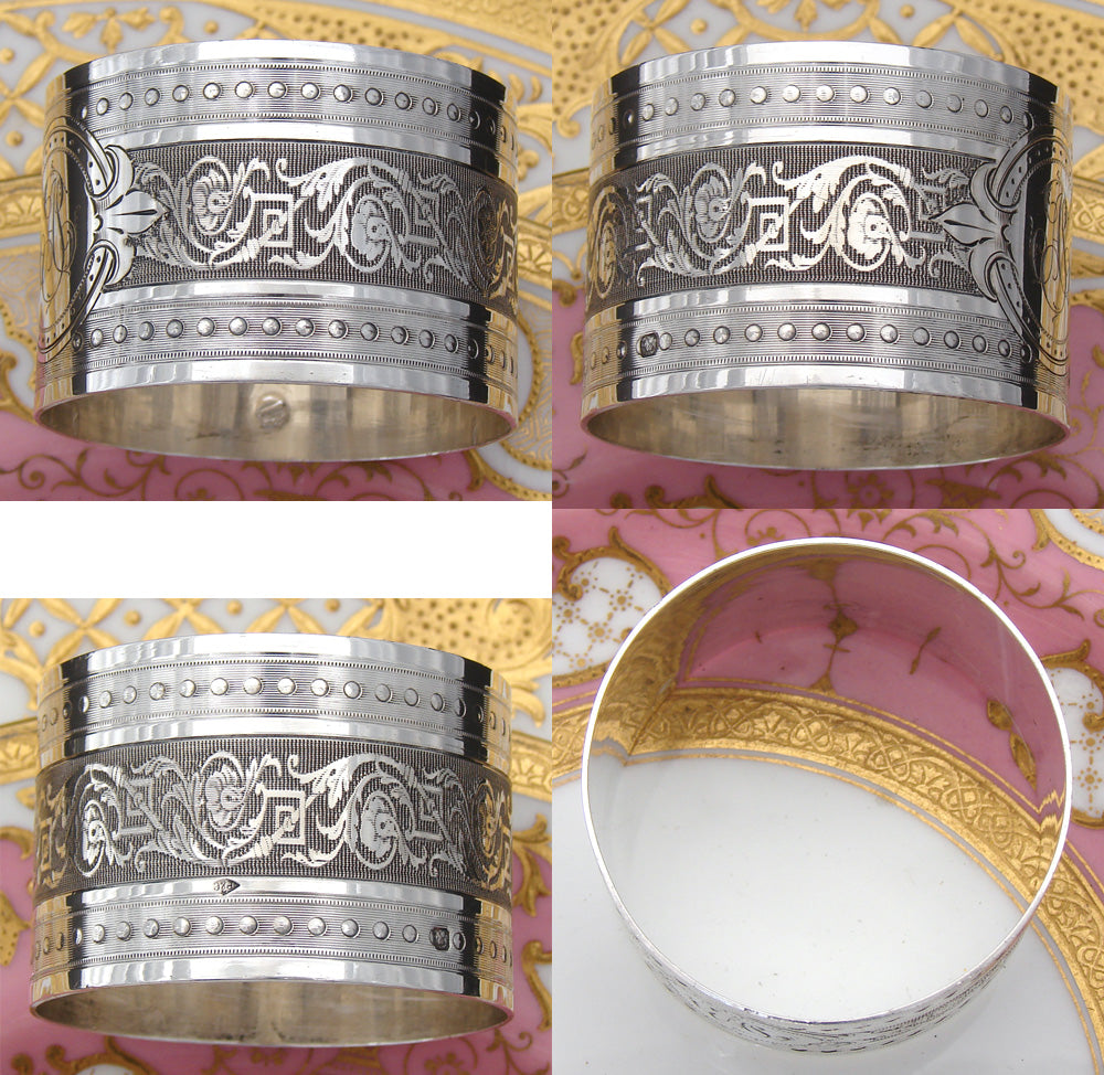 Antique French Sterling Silver 2" Napkin Ring, Ornate Scrolling Foliage, "AT” Monogram